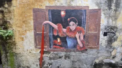 Vintage Street Art Mural on Weathered Wall, Kwai Chai Hong - stock photo