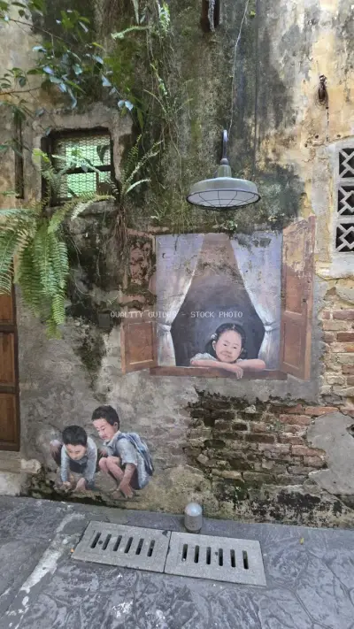 Street Art Mural Children Playing Kuala Lumpur Heritage - stock photo