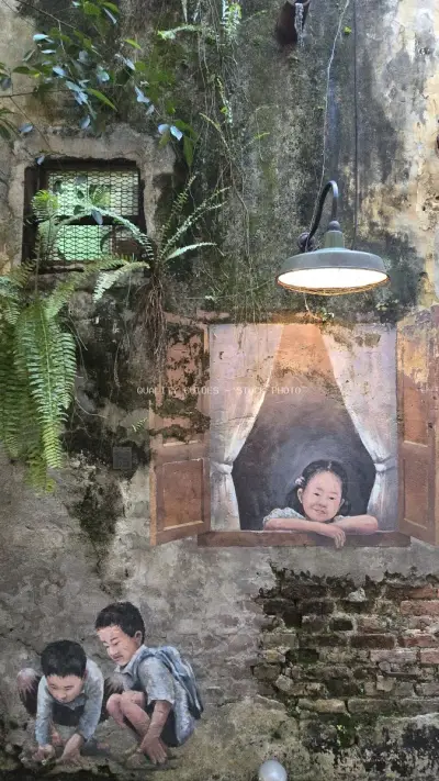Street Art Mural Children Penang Heritage Alley - stock photo