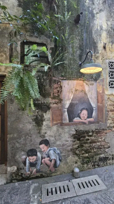 Street Art Mural Children Playing Kwai Chai Hong Kuala Lumpur - stock photo