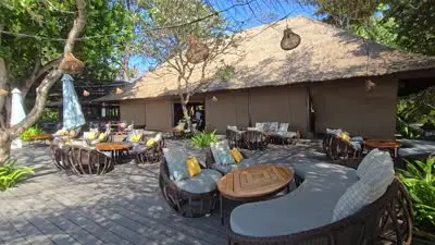 Bali Beachfront Restaurant and Traditional Boats B-Roll Footage - stock photo