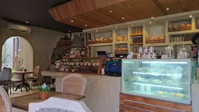Bali Bakery Cafe Interior B-Roll Footage with Rustic Decor - stock photo