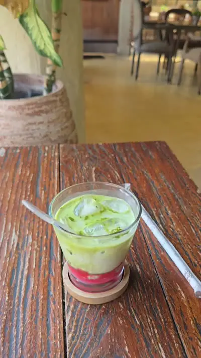 Bali Cafe Interior B-Roll Footage with Layered Drink and Bakery Display - stock photo