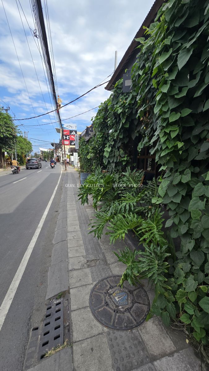 Street view in Bali with a building covered in green vines, a sidewalk, and a road with vehicles under a blue sky. - stock photo