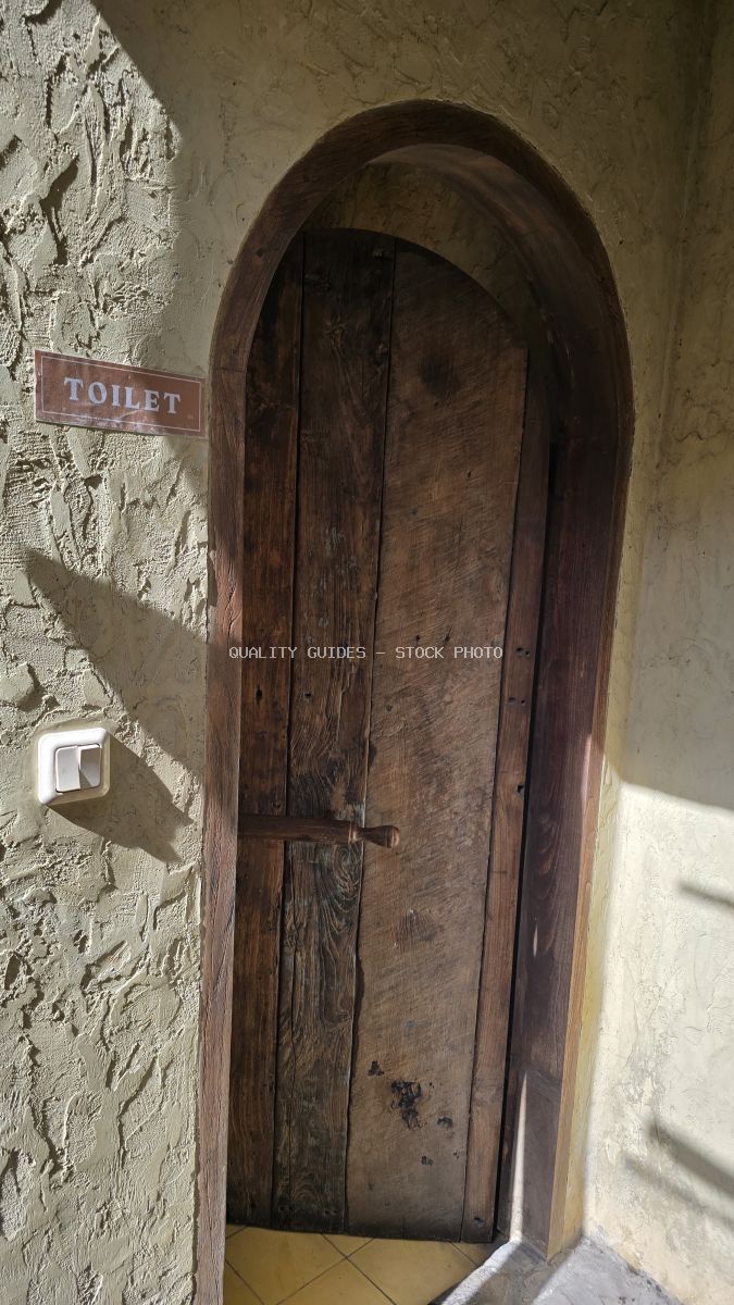 Rustic wooden toilet door with an arched frame and a 'TOILET' sign on a textured wall. - stock photo