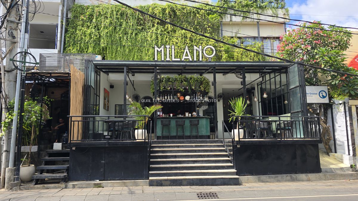 Exterior of Milano Italian Restaurant in Bali with green living wall and modern design. - stock photo