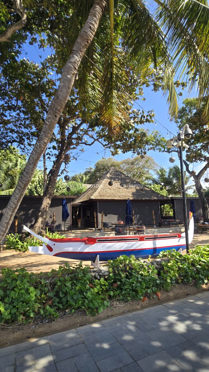 Traditional Balinese thatched-roof building with a colorful outrigger boat and palm trees under a blue sky. - stock photo