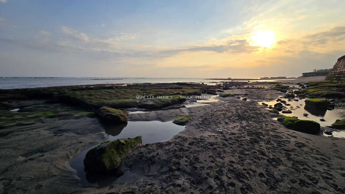 Golden sunset over Cemagi Beach in Bali, featuring dark sand, mossy rocks, and tidal pools reflecting the sun. - stock photo