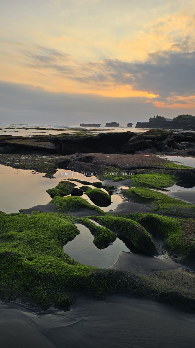 Sunset over Mengening Beach, Bali, with green mossy rocks, tidal pools, and distant rock formations. - stock photo