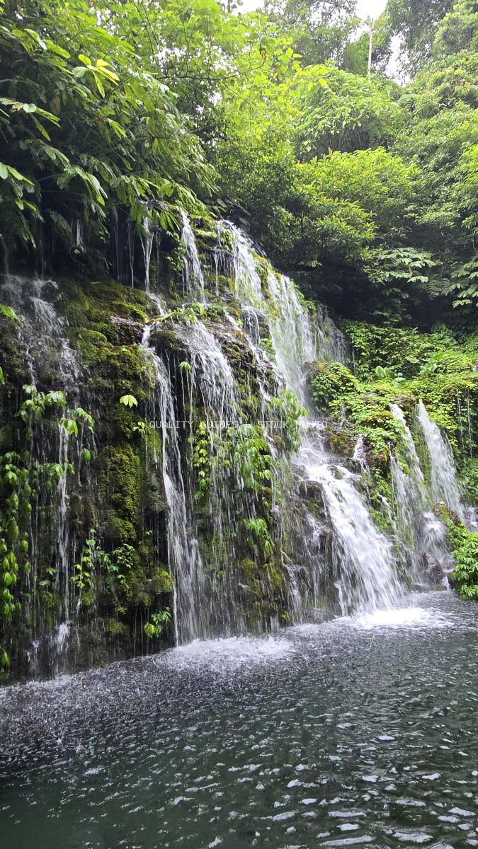 Banyu Wana Amertha Waterfall in Bali with moss-covered rocks, cascading water, and dense tropical jungle foliage - stock photo
