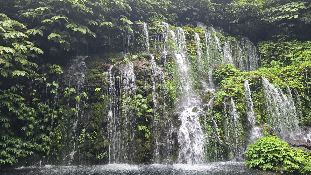 Multi-tiered waterfall cascading down moss-covered rocks surrounded by lush tropical jungle vegetation in Bali - stock photo