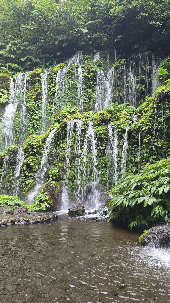 Multi-tiered waterfall with cascading streams flowing into emerald pool surrounded by lush tropical vegetation in Bali - stock photo