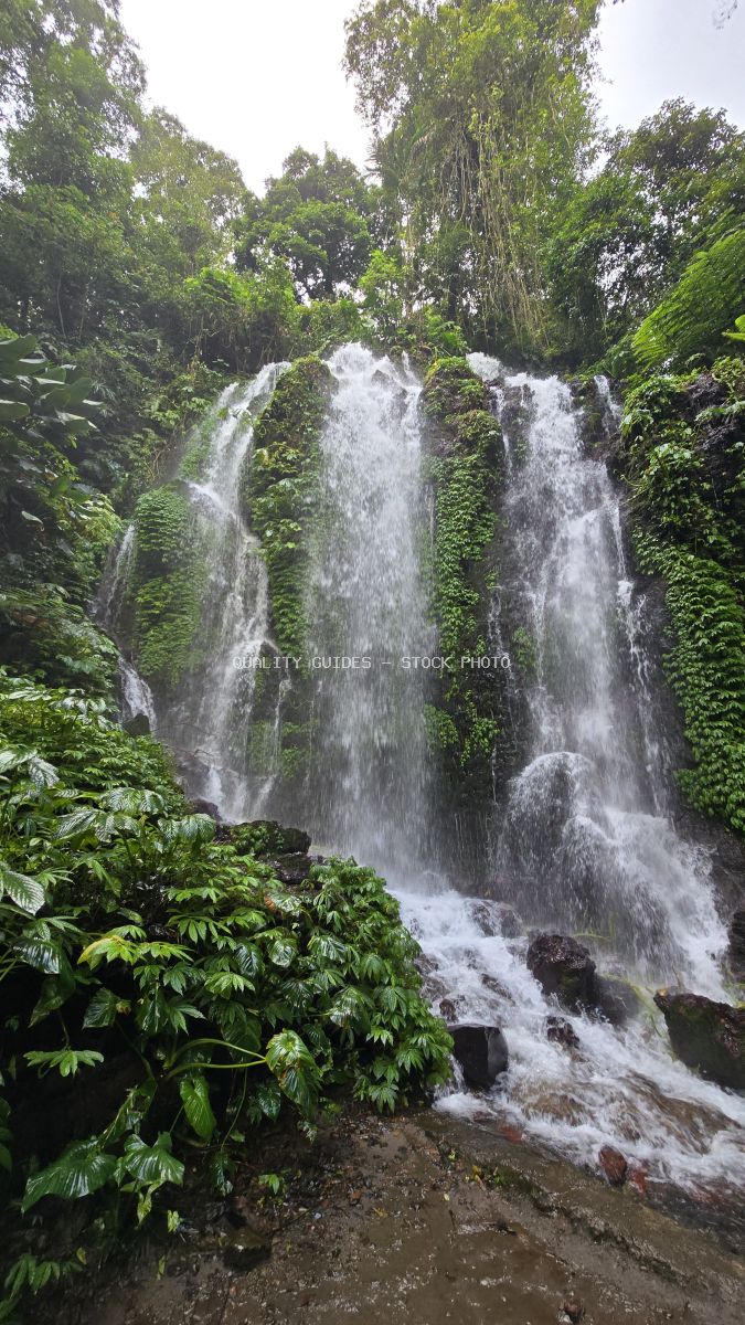 Multi-tiered waterfall flowing through lush green tropical jungle with moss-covered rocks and dense vegetation in Bali - stock photo