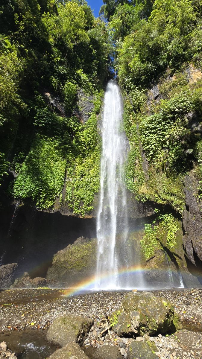 Tropical waterfall with rainbow in lush green jungle canyon, Bali Indonesia - stock photo