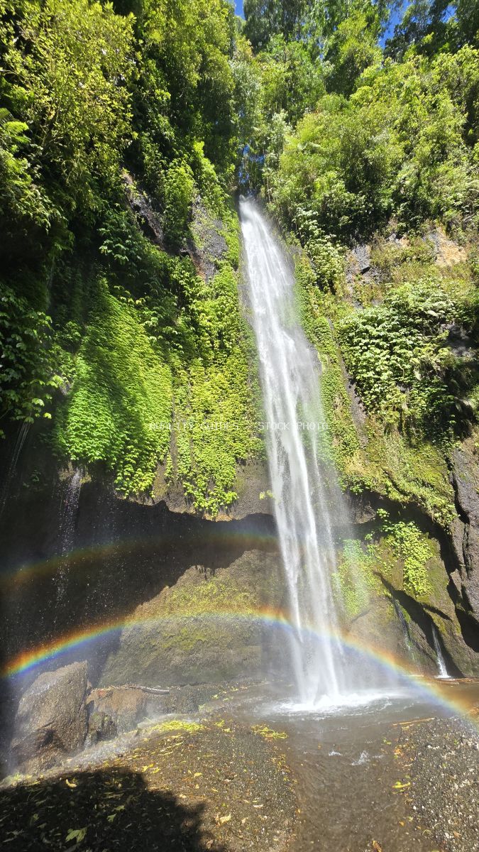 Aerial view of tropical waterfall with double rainbows in mist, surrounded by lush green jungle vegetation and moss-covered volcanic cliffs in Bali - stock photo