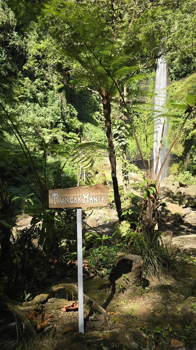Wooden Pucak Manik sign at tropical waterfall in Bali jungle with cascading water and lush green vegetation - stock photo