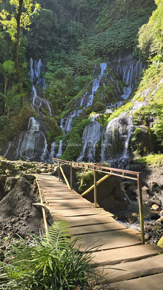 Wooden boardwalk with yellow railings leading to cascading tropical waterfall surrounded by lush green jungle in Bali - stock photo