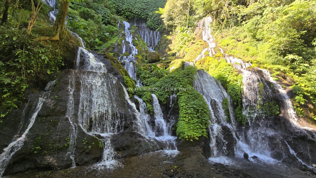 Multi-tiered waterfall cascading through moss-covered rocks in lush Bali jungle with vibrant green vegetation - stock photo