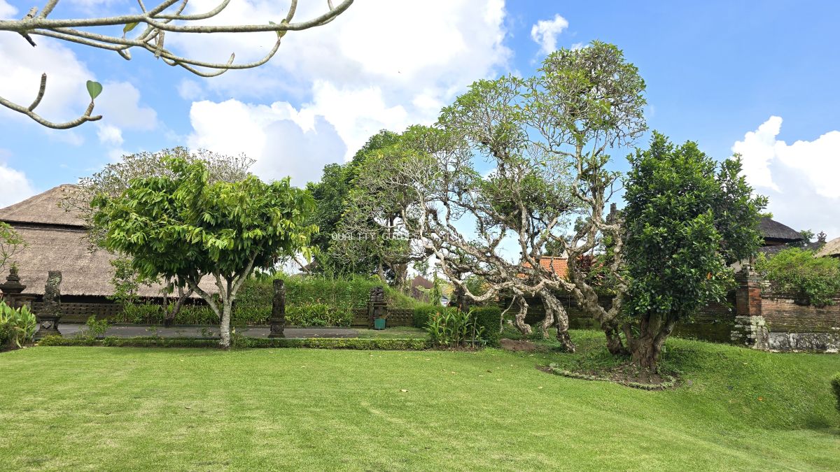 Taman Ayun Temple gardens in Bali with manicured lawn, ancient trees, and traditional thatched-roof architecture under blue sky - stock photo
