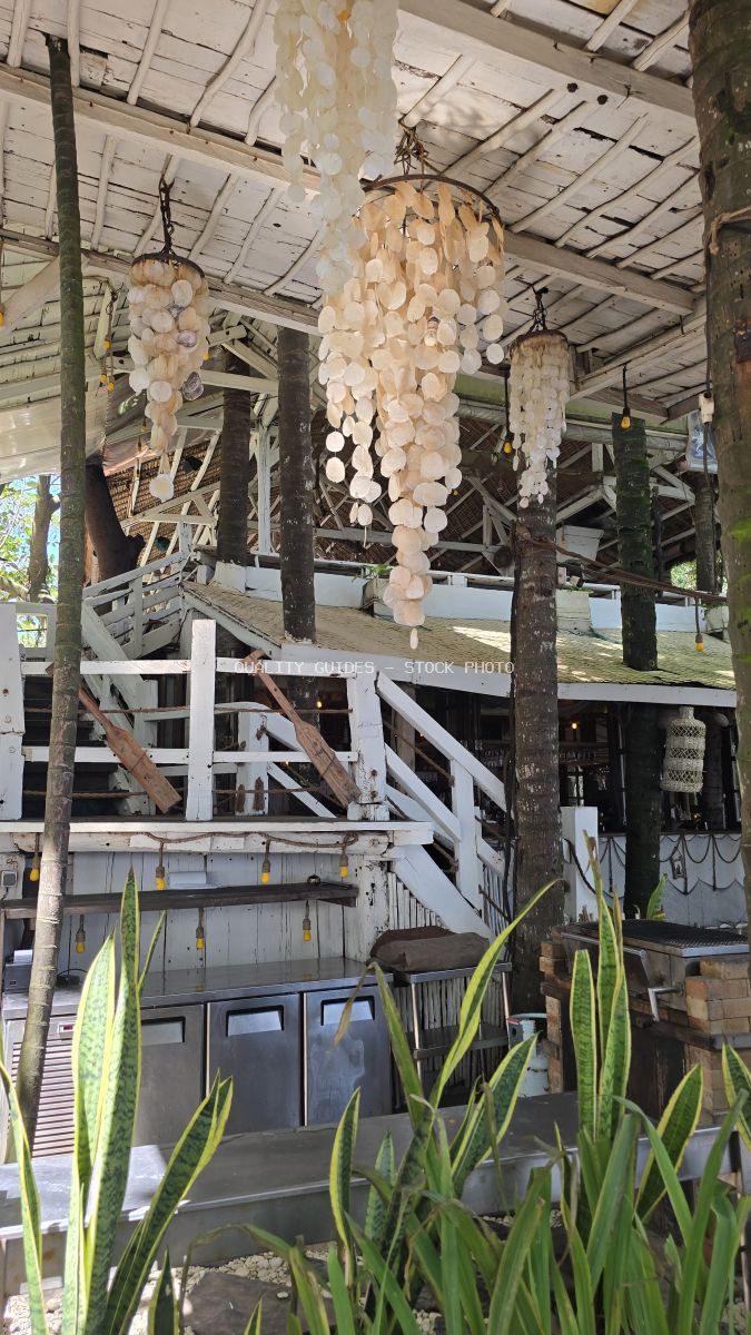 Shell chandeliers hanging from wooden ceiling in tropical Bali beach club interior with green plants - stock photo