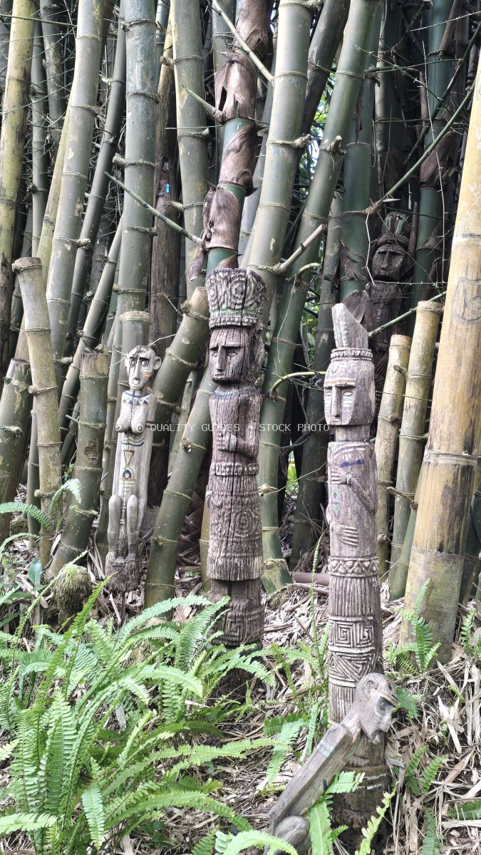 Carved wooden Balinese statues with detailed faces among tall green bamboo stalks and tropical ferns - stock photo