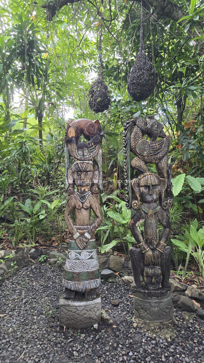 Two ornately carved wooden Balinese statues with traditional headdresses displayed in a lush tropical garden with hanging vines and dense green foliage - stock photo