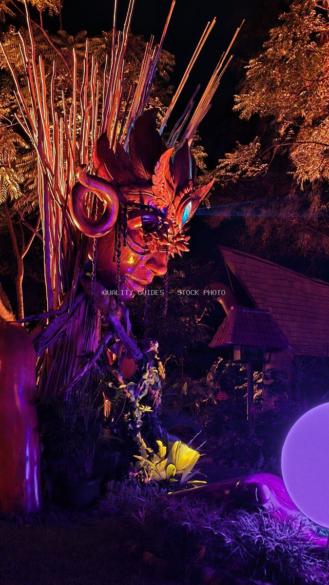Neon-lit dragon sculpture with purple, orange, and blue lighting at night in Bali - stock photo