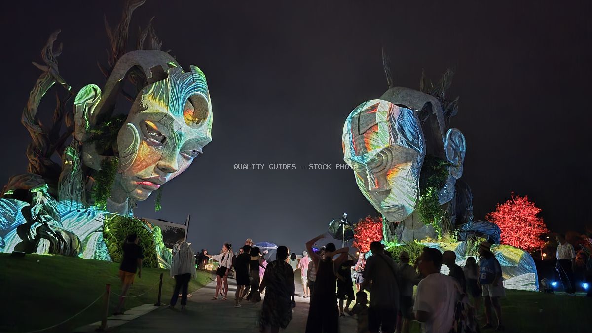 Colorful illuminated art sculptures with crowd of visitors at night in Bali - stock photo