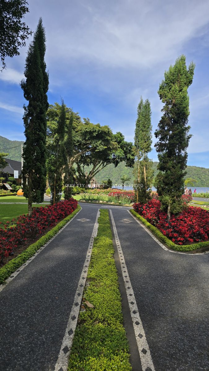 Symmetrical garden pathway with red flowers and cypress trees at Ulun Danu Beratan Temple, Bali, with lake and mountains in background - stock photo