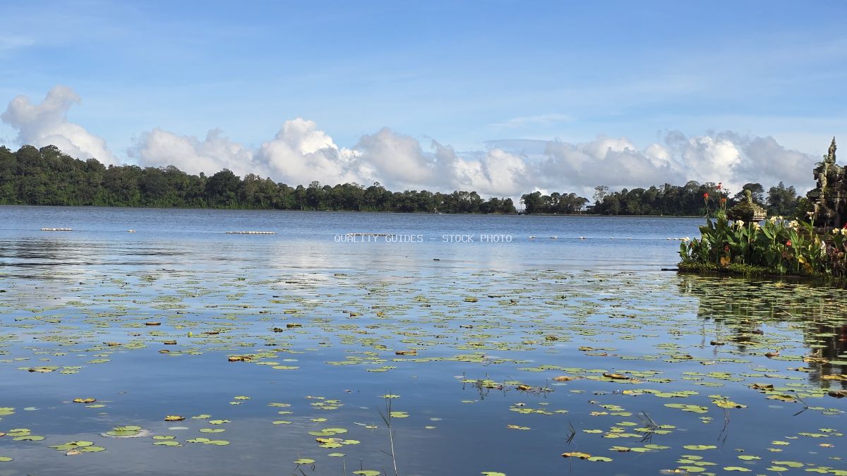 Ulun Danu Beratan Temple on Lake Beratan in Bali with water lilies and cloudy sky - stock photo