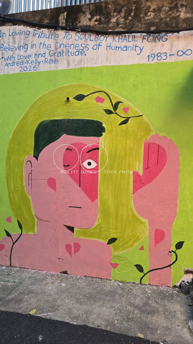 Colorful street art mural with lime green hair figure and pink tones at Kwai Chai Hong, Kuala Lumpur - stock photo