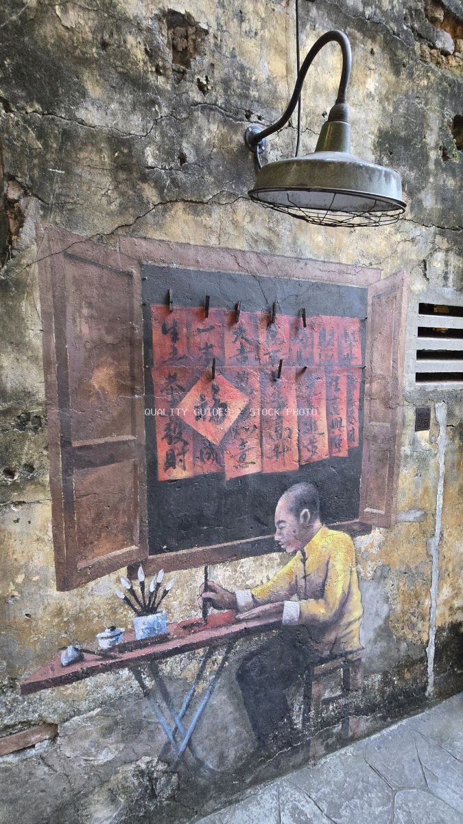 Street art mural of calligraphy artist working at desk with Chinese characters and traditional brushes on weathered wall in Kuala Lumpur - stock photo