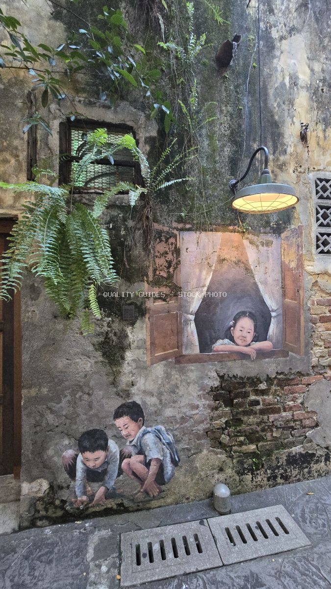 Street art mural of children on weathered wall with climbing vines and pendant lamp at Kwai Chai Hong, Kuala Lumpur - stock photo