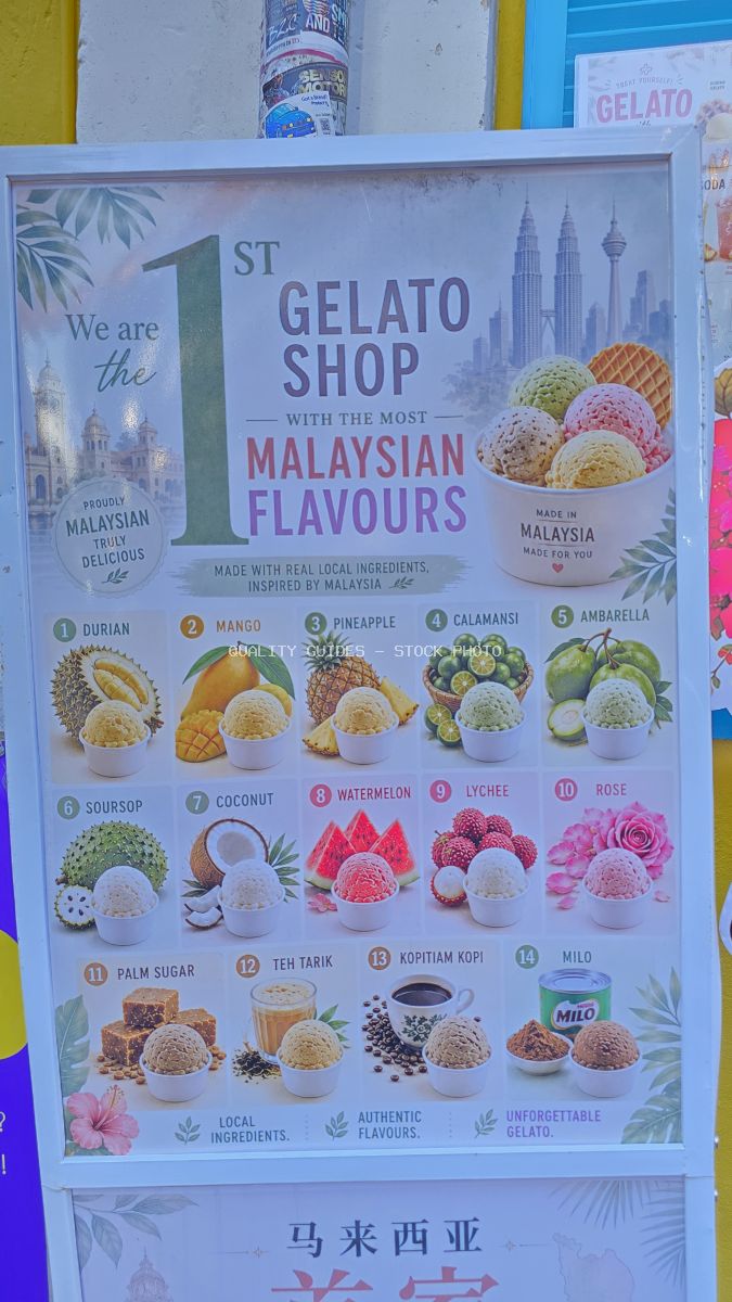 1st Gelato Shop menu sign displaying 14 Malaysian-inspired gelato flavors with colorful illustrations and Petronas Towers design - stock photo